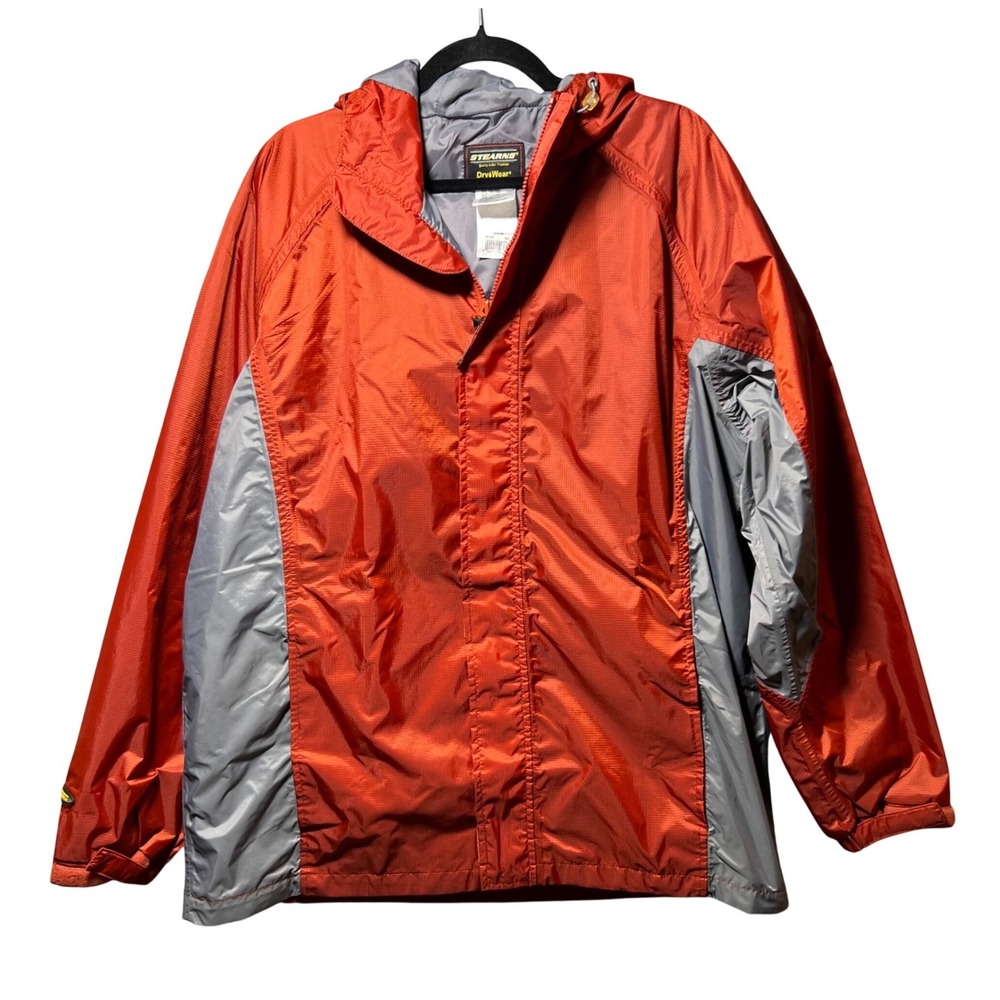Stearns DryWear Mens Large Orange Grey Hooded Rain Jacket Windbreaker Nylon